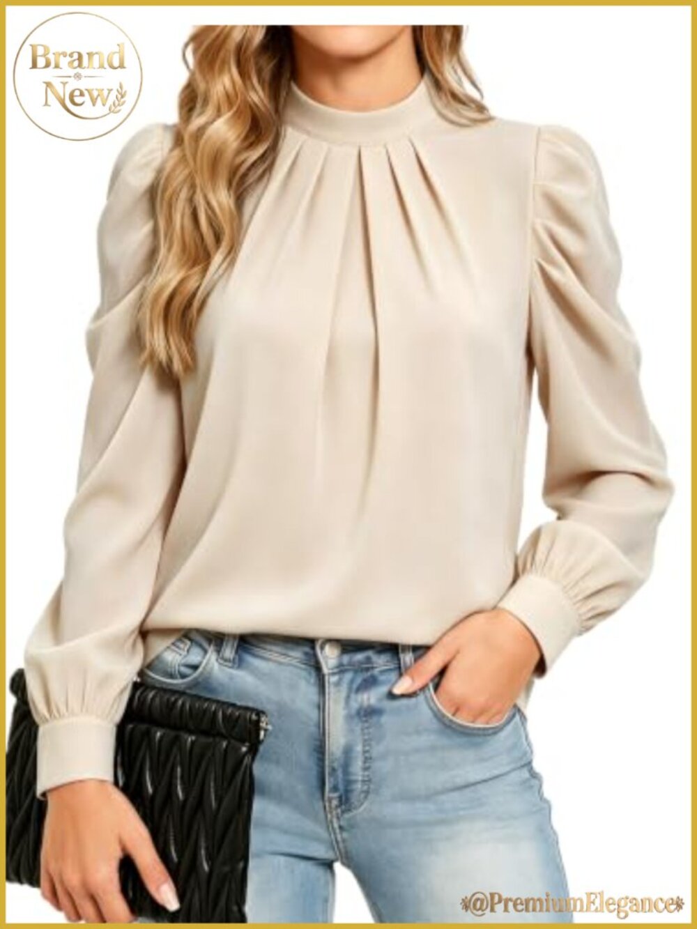 Women's Chiffon Puff Long Sleeve Mock Neck Tunic Blouse Casual